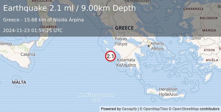 Earthquake SOUTHERN GREECE (2.1 ml) (2024-11-23 01:59:25 UTC)