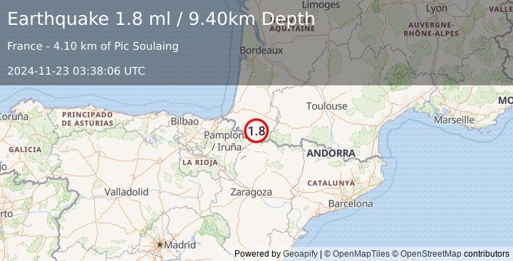 Earthquake PYRENEES (1.8 ml) (2024-11-23 03:38:06 UTC)