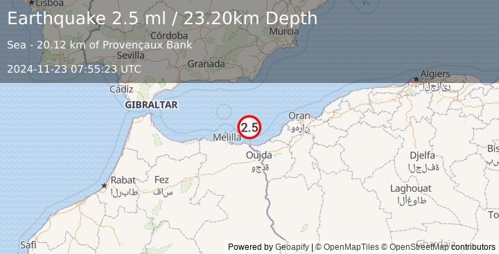 Earthquake STRAIT OF GIBRALTAR (2.5 ml) (2024-11-23 07:55:23 UTC)