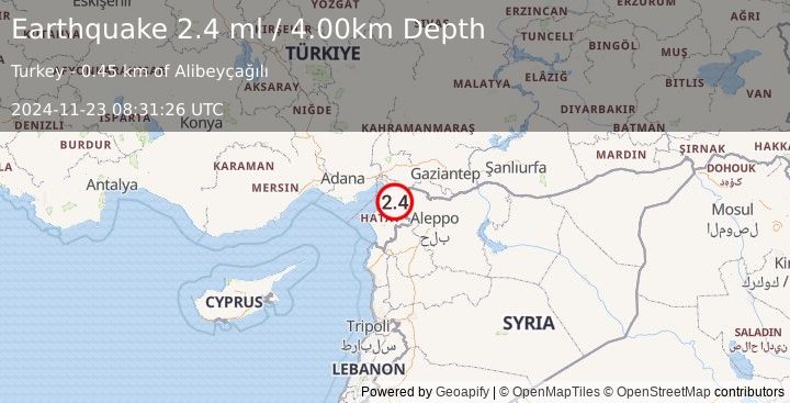 Earthquake TURKEY-SYRIA BORDER REGION (2.4 ml) (2024-11-23 08:31:26 UTC)