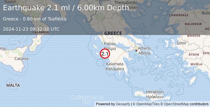 Earthquake SOUTHERN GREECE (2.1 ml) (2024-11-23 09:32:10 UTC)