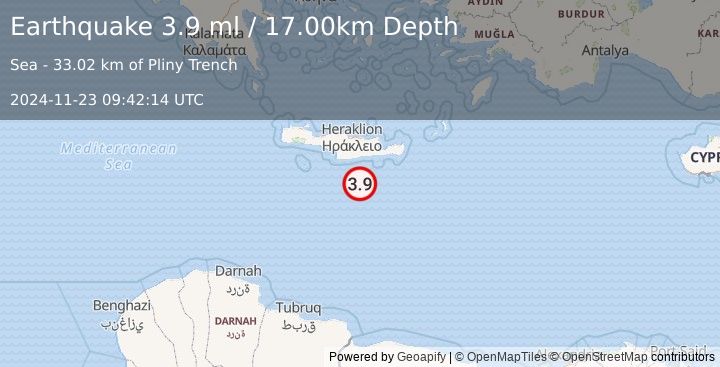 Earthquake CRETE, GREECE (3.9 ml) (2024-11-23 09:42:14 UTC)