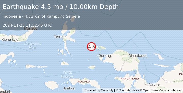 Earthquake PAPUA REGION, INDONESIA (4.5 mb) (2024-11-23 11:52:45 UTC)