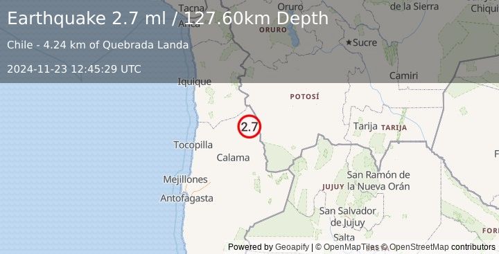 Earthquake ANTOFAGASTA, CHILE (2.7 ml) (2024-11-23 12:45:29 UTC)