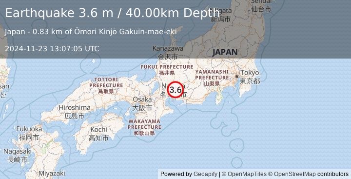 Earthquake EASTERN HONSHU, JAPAN (3.6 m) (2024-11-23 13:07:05 UTC)