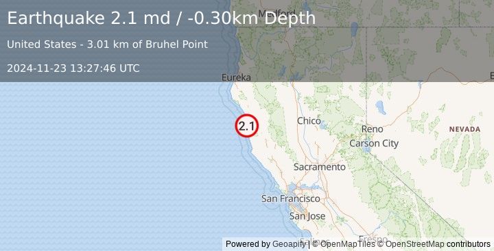 Earthquake OFFSHORE NORTHERN CALIFORNIA (2.1 md) (2024-11-23 13:27:46 UTC)