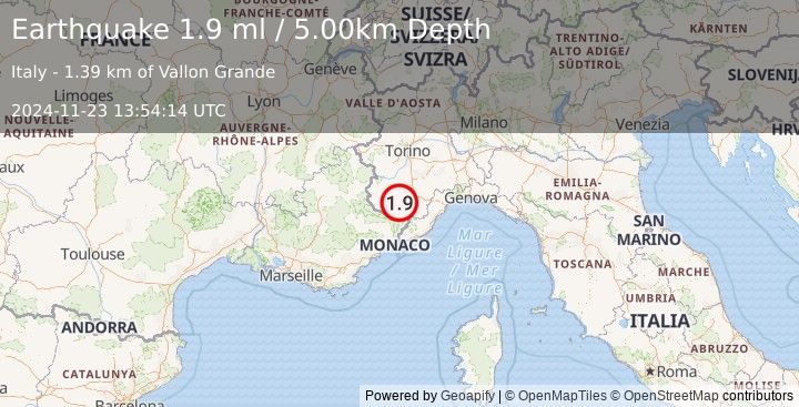 Earthquake NORTHERN ITALY (1.9 ml) (2024-11-23 13:54:14 UTC)