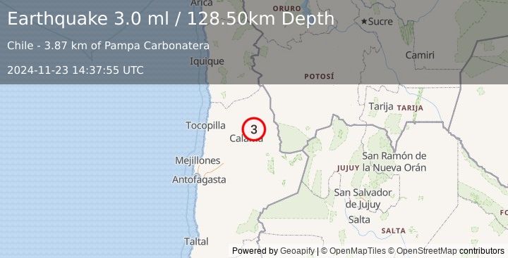 Earthquake ANTOFAGASTA, CHILE (3.0 ml) (2024-11-23 14:37:55 UTC)