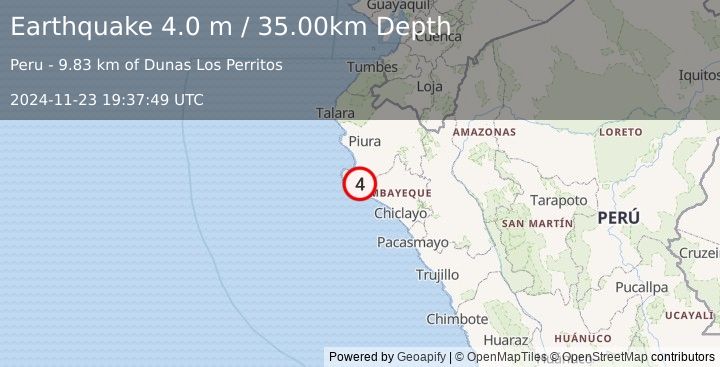 Earthquake NEAR COAST OF NORTHERN PERU (4.0 m) (2024-11-23 19:37:49 UTC)