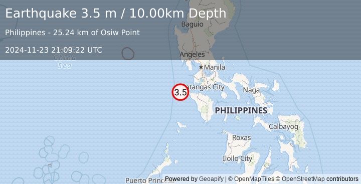 Earthquake MINDORO, PHILIPPINES (3.5 m) (2024-11-23 21:09:22 UTC)