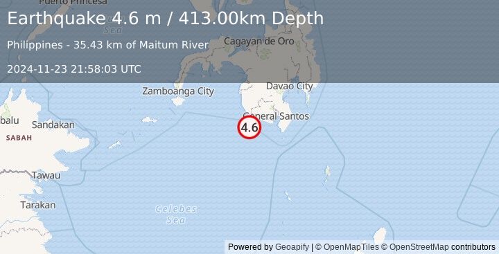 Earthquake MINDANAO, PHILIPPINES (4.6 m) (2024-11-23 21:58:03 UTC)