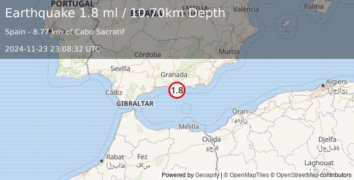 Earthquake STRAIT OF GIBRALTAR (1.8 ml) (2024-11-23 23:08:32 UTC)