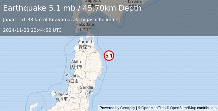 Earthquake NEAR EAST COAST OF HONSHU, JAPAN (5.1 mb) (2024-11-23 23:44:52 UTC)