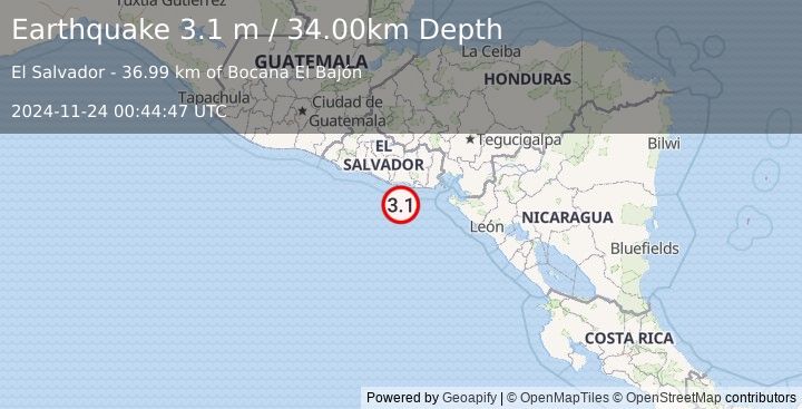 Earthquake OFFSHORE EL SALVADOR (3.1 m) (2024-11-24 00:44:47 UTC)