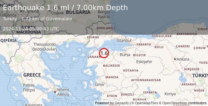 Earthquake WESTERN TURKEY (1.6 ml) (2024-11-24 05:09:43 UTC)