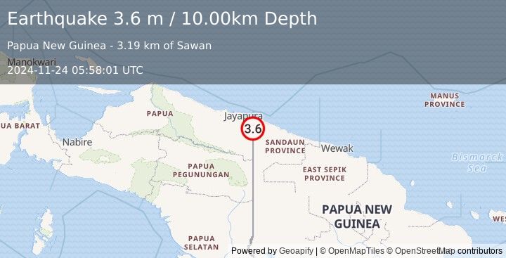 Earthquake NEAR N COAST OF NEW GUINEA, PNG. (3.6 m) (2024-11-24 05:58:01 UTC)