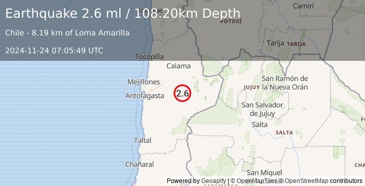 Earthquake ANTOFAGASTA, CHILE (2.6 ml) (2024-11-24 07:05:49 UTC)