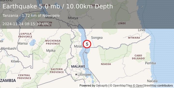 Earthquake MALAWI (5.0 mb) (2024-11-24 08:15:37 UTC)