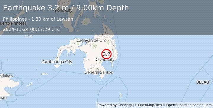 Earthquake MINDANAO, PHILIPPINES (3.2 m) (2024-11-24 08:17:29 UTC)