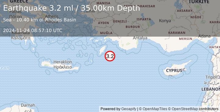 Earthquake EASTERN MEDITERRANEAN SEA (3.2 ml) (2024-11-24 08:57:10 UTC)