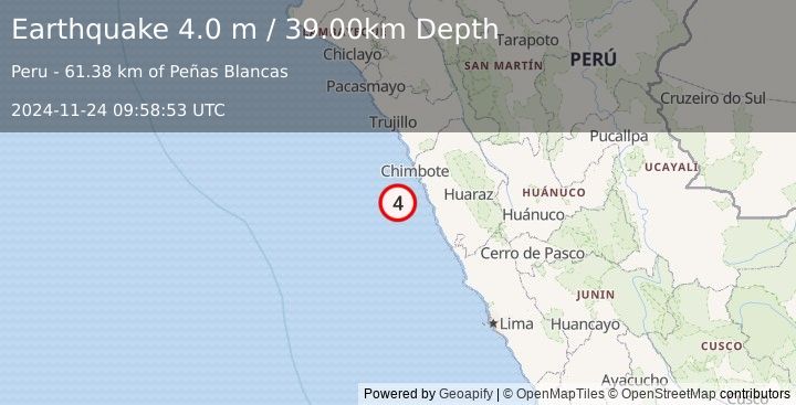 Earthquake NEAR COAST OF NORTHERN PERU (4.0 m) (2024-11-24 09:58:53 UTC)