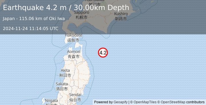 Earthquake OFF EAST COAST OF HONSHU, JAPAN (4.2 m) (2024-11-24 11:14:05 UTC)