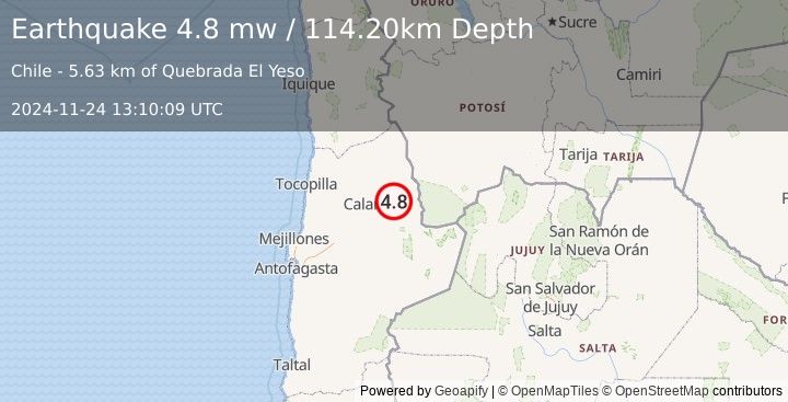 Earthquake ANTOFAGASTA, CHILE (4.8 mw) (2024-11-24 13:10:09 UTC)