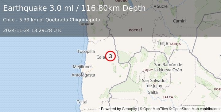 Earthquake ANTOFAGASTA, CHILE (3.0 ml) (2024-11-24 13:29:28 UTC)