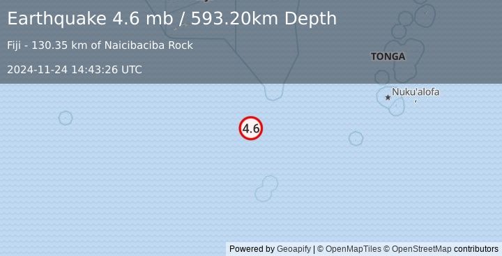 Earthquake SOUTH OF FIJI ISLANDS (4.6 mb) (2024-11-24 14:43:26 UTC)