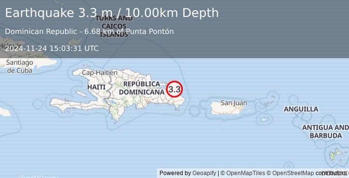 Earthquake DOMINICAN REPUBLIC REGION (3.3 m) (2024-11-24 15:03:31 UTC)