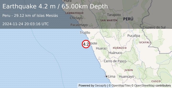 Earthquake NEAR COAST OF NORTHERN PERU (4.2 m) (2024-11-24 20:03:16 UTC)