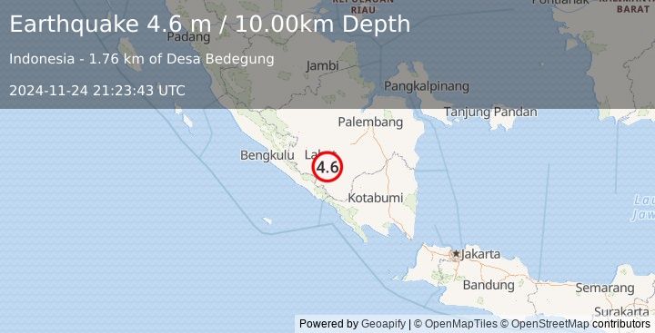 Earthquake SOUTHERN SUMATRA, INDONESIA (4.6 m) (2024-11-24 21:23:43 UTC)