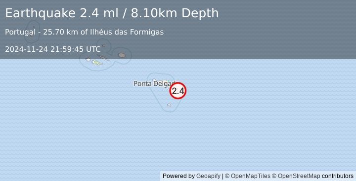 Earthquake AZORES ISLANDS REGION (2.4 ml) (2024-11-24 21:59:45 UTC)