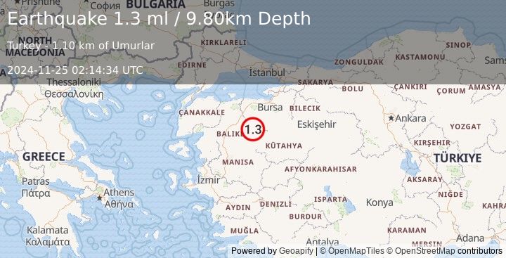 Earthquake WESTERN TURKEY (1.3 ml) (2024-11-25 02:14:34 UTC)