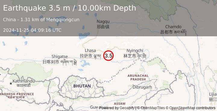 Earthquake EASTERN XIZANG (3.5 m) (2024-11-25 04:09:16 UTC)