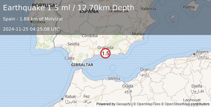 Earthquake STRAIT OF GIBRALTAR (1.5 ml) (2024-11-25 04:25:08 UTC)