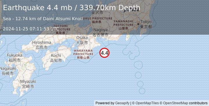 Earthquake NEAR S. COAST OF HONSHU, JAPAN (4.4 mb) (2024-11-25 07:11:53 UTC)