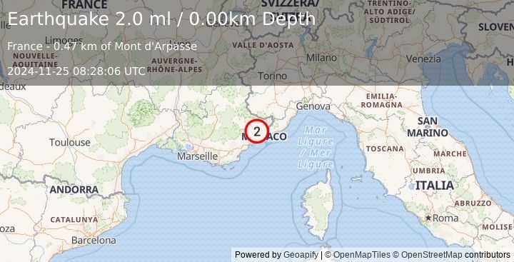 Earthquake NEAR SOUTH COAST OF FRANCE (2.0 ml) (2024-11-25 08:28:06 UTC)