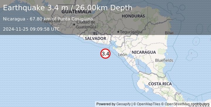 Earthquake OFFSHORE EL SALVADOR (3.4 m) (2024-11-25 09:09:58 UTC)