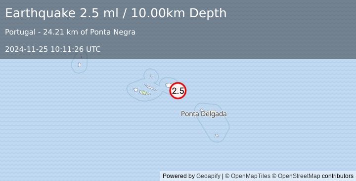 Earthquake AZORES ISLANDS, PORTUGAL (2.5 ml) (2024-11-25 10:11:26 UTC)