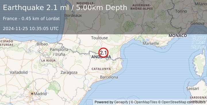 Earthquake PYRENEES (2.1 ml) (2024-11-25 10:35:05 UTC)