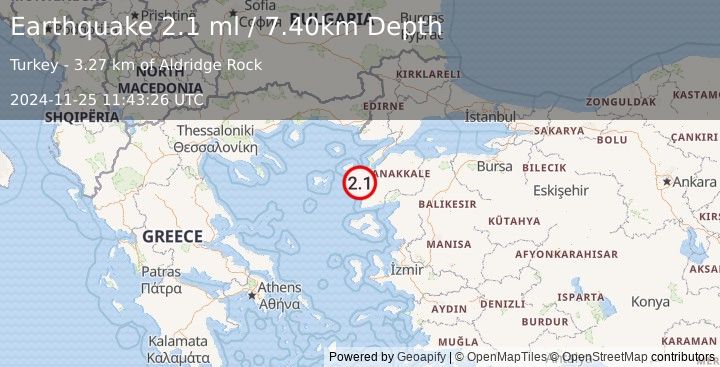 Earthquake NEAR THE COAST OF WESTERN TURKEY (2.1 ml) (2024-11-25 11:43:26 UTC)