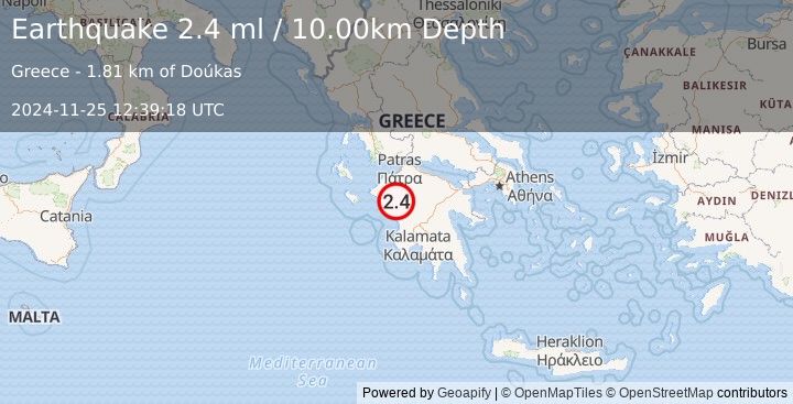 Earthquake SOUTHERN GREECE (2.4 ml) (2024-11-25 12:39:18 UTC)