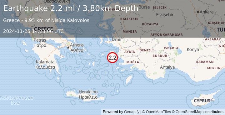 Earthquake DODECANESE ISLANDS, GREECE (2.2 ml) (2024-11-25 14:23:06 UTC)