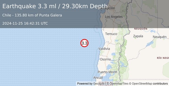 Earthquake OFF COAST OF LOS LAGOS, CHILE (3.3 ml) (2024-11-25 16:42:31 UTC)