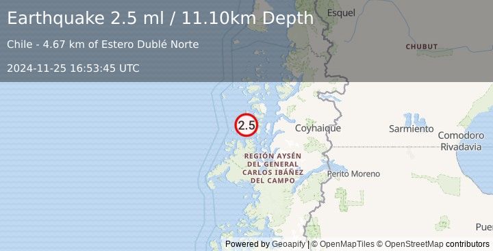 Earthquake NEAR COAST OF AISEN, CHILE (2.5 ml) (2024-11-25 16:53:45 UTC)