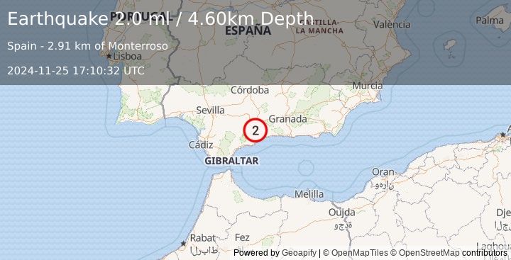 Earthquake STRAIT OF GIBRALTAR (2.0 ml) (2024-11-25 17:10:32 UTC)