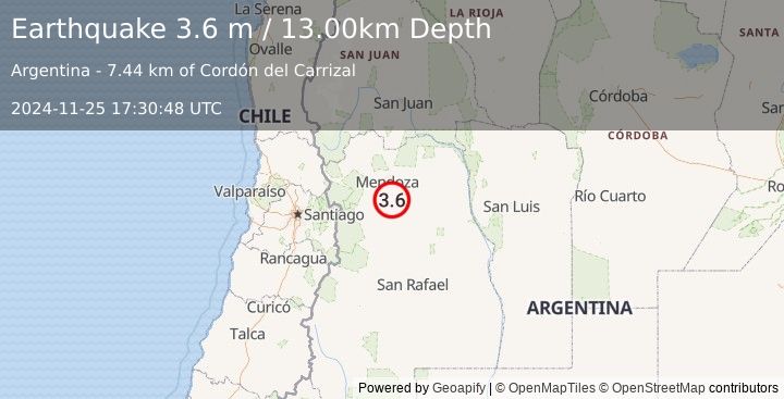 Earthquake MENDOZA, ARGENTINA (3.6 m) (2024-11-25 17:30:48 UTC)