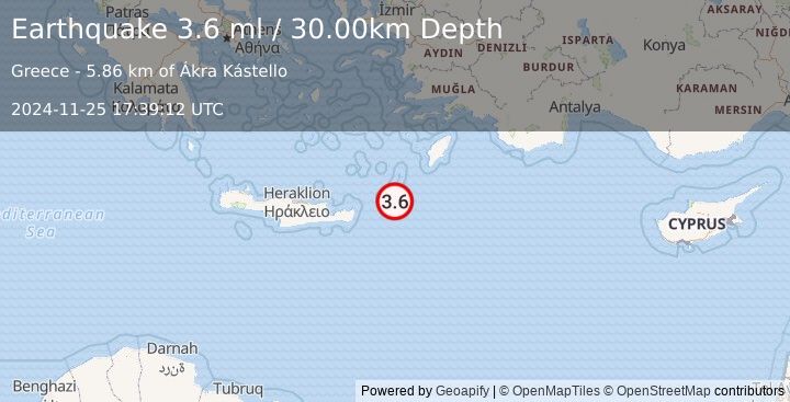 Earthquake DODECANESE ISLANDS, GREECE (3.6 ml) (2024-11-25 17:39:12 UTC)