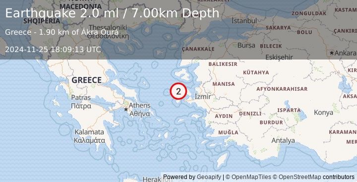 Earthquake NEAR THE COAST OF WESTERN TURKEY (2.0 ml) (2024-11-25 18:09:13 UTC)